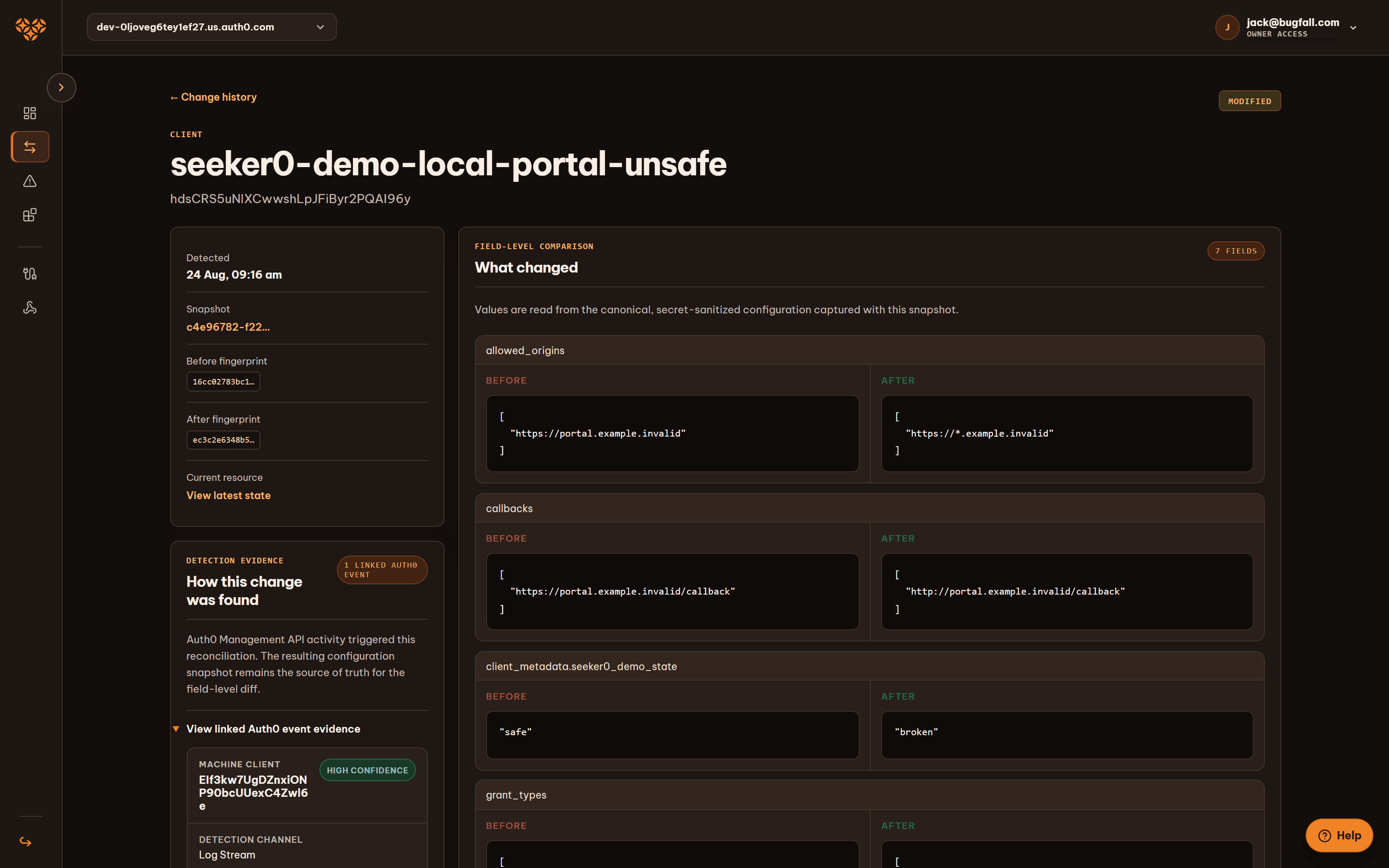 Aurykle change review showing linked Auth0 event evidence and exact before-and-after configuration